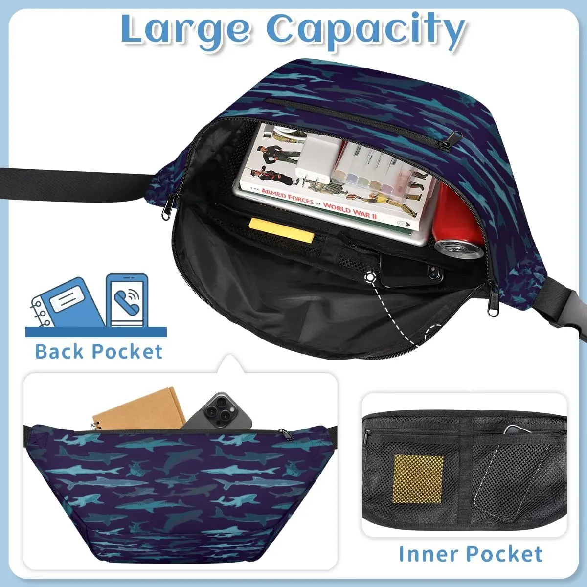 Shark Paint Crossbody Sling Bag for Women Men Crossbody Backpack with 4 Zipper Pockets Fanny Pack Shoulder Casual Daypack for Travel Running Hiking Cycling