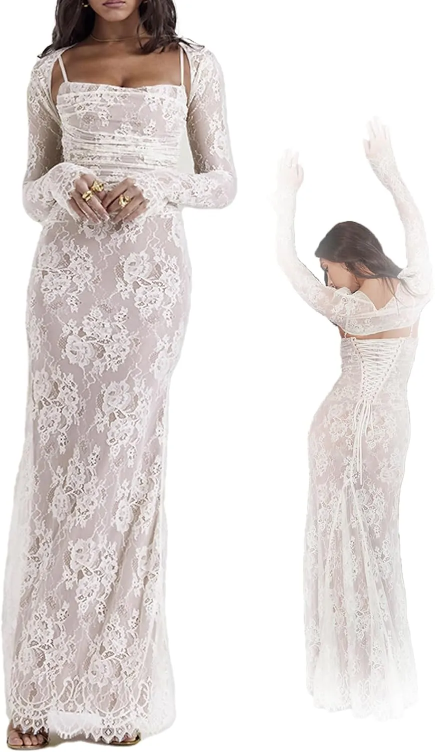 Shawl Drawstring Lace Maxi Dress, 2 Piece Corset Capelet Floral Soft Mesh Sexy Evening Dress