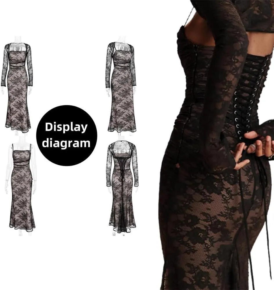 Shawl Drawstring Lace Maxi Dress, 2 Piece Corset Capelet Floral Soft Mesh Sexy Evening Dress