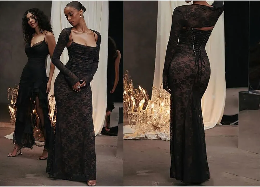 Shawl Drawstring Lace Maxi Dress, 2 Piece Corset Capelet Floral Soft Mesh Sexy Evening Dress