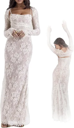 Shawl Drawstring Lace Maxi Dress, 2 Piece Corset Capelet Floral Soft Mesh Sexy Evening Dress