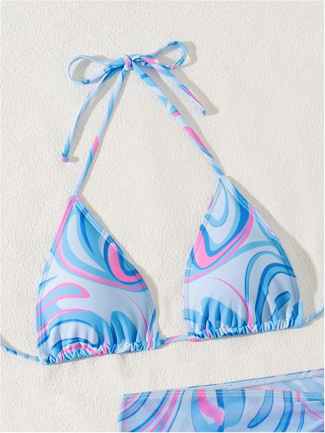 SHENHE Women's 3 Piece Swimsuit Marble Print Triangle Halter Bikini Set with Cover Up Skirt
