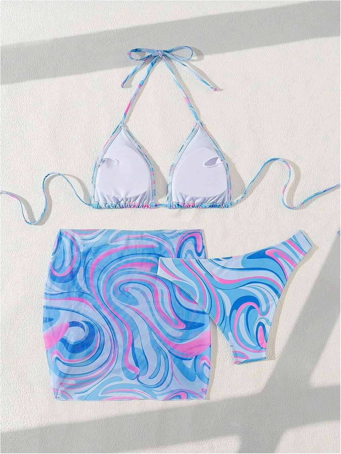 SHENHE Women's 3 Piece Swimsuit Marble Print Triangle Halter Bikini Set with Cover Up Skirt