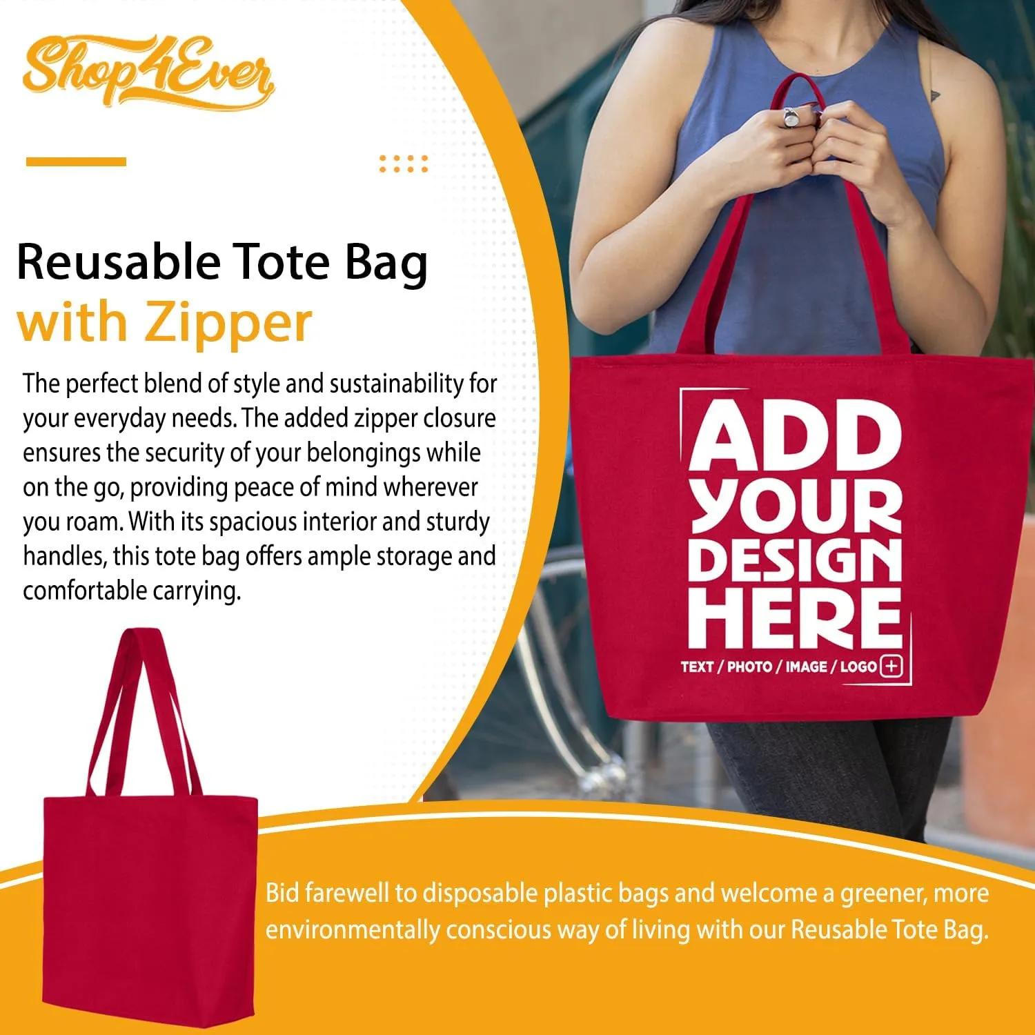 shop4ever Personalized Custom Design Your Own Heavy Canvas Tote with Zipper Reusable Shopping Bag Customizable Gift
