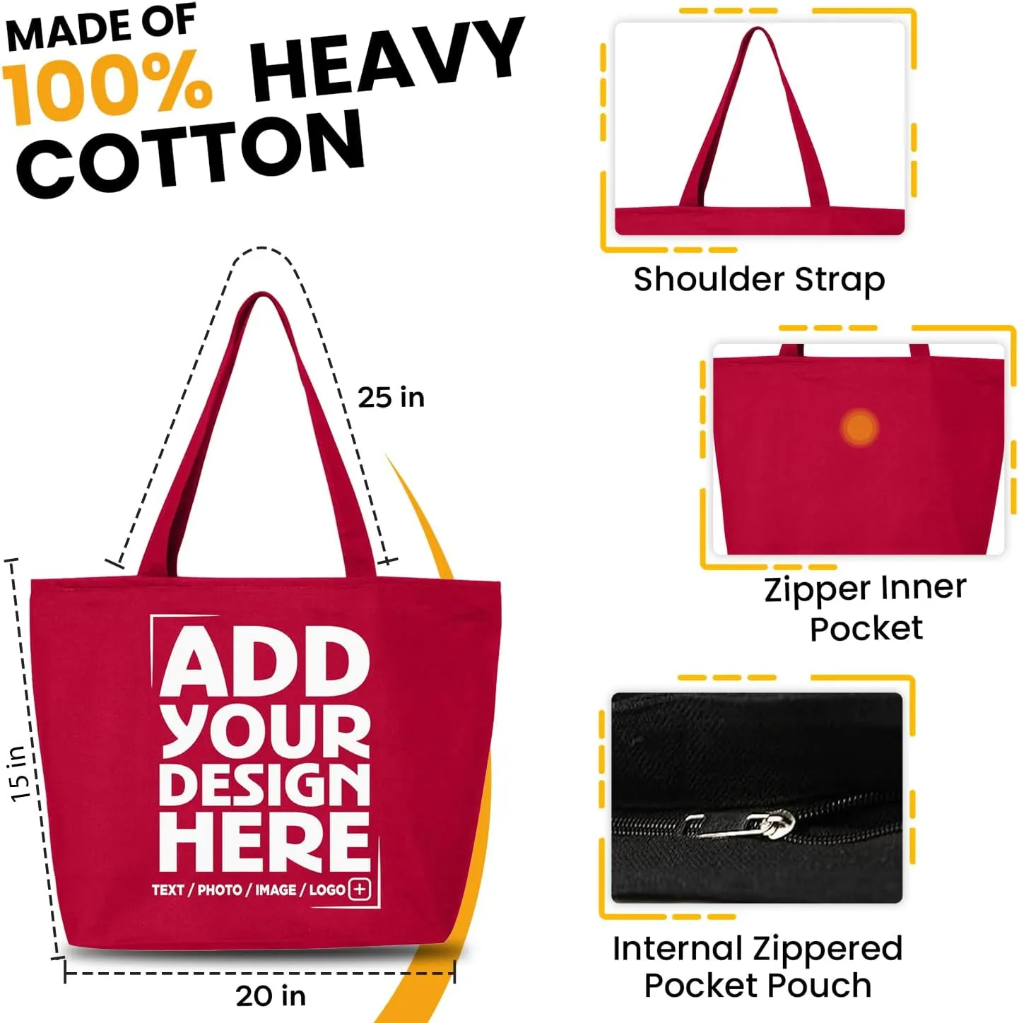 shop4ever Personalized Custom Design Your Own Heavy Canvas Tote with Zipper Reusable Shopping Bag Customizable Gift