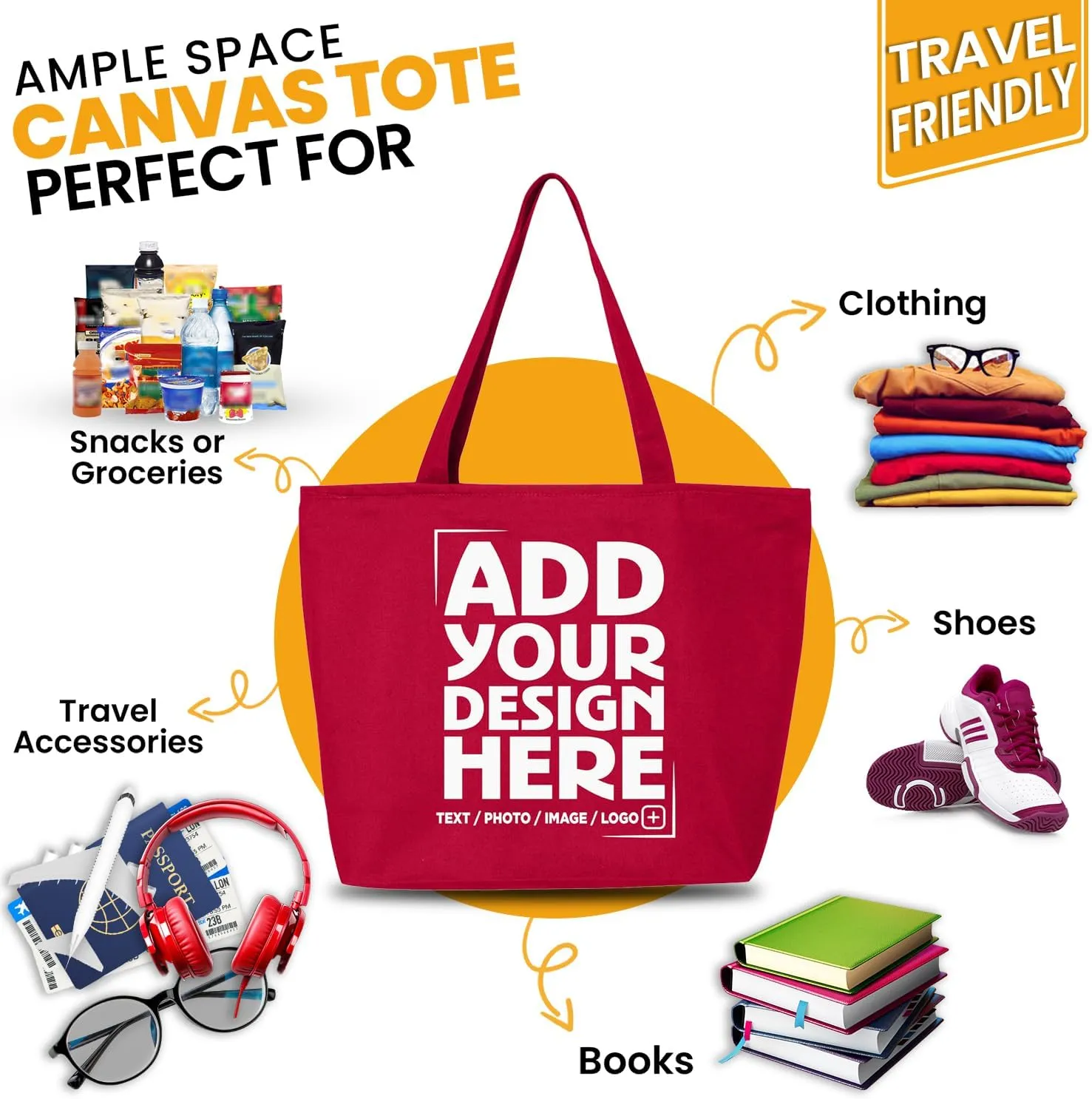 shop4ever Personalized Custom Design Your Own Heavy Canvas Tote with Zipper Reusable Shopping Bag Customizable Gift