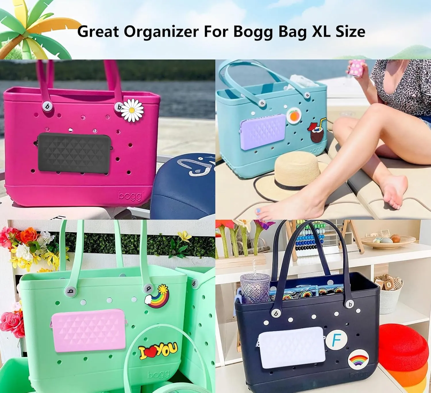 Silicone Pouch for Bogg Bag Accessories, Universal Phone Holder for Bogg Bag, Zipper Pouch Fits Simple Modern Beach Tote L/XL, Zipper Wallet Pocket with 4 Key Hooks White