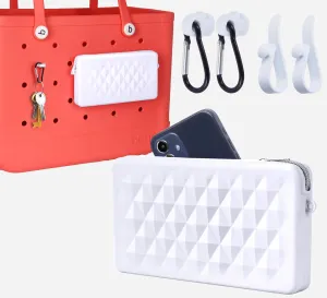 Silicone Pouch for Bogg Bag Accessories, Universal Phone Holder for Bogg Bag, Zipper Pouch Fits Simple Modern Beach Tote L/XL, Zipper Wallet Pocket with 4 Key Hooks White