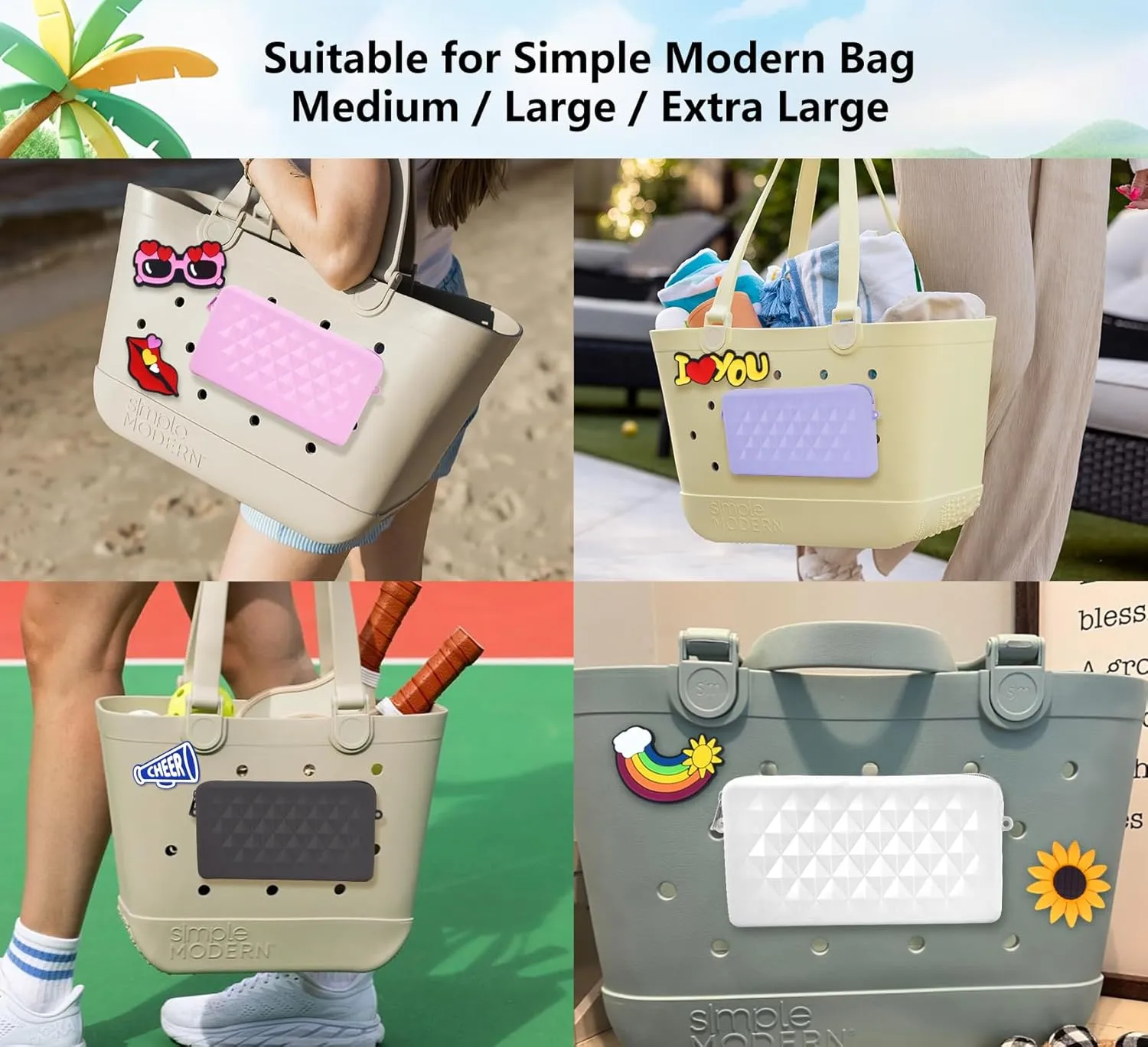 Silicone Pouch for Bogg Bag Accessories, Universal Phone Holder for Bogg Bag, Zipper Pouch Fits Simple Modern Beach Tote L/XL, Zipper Wallet Pocket with 4 Key Hooks White