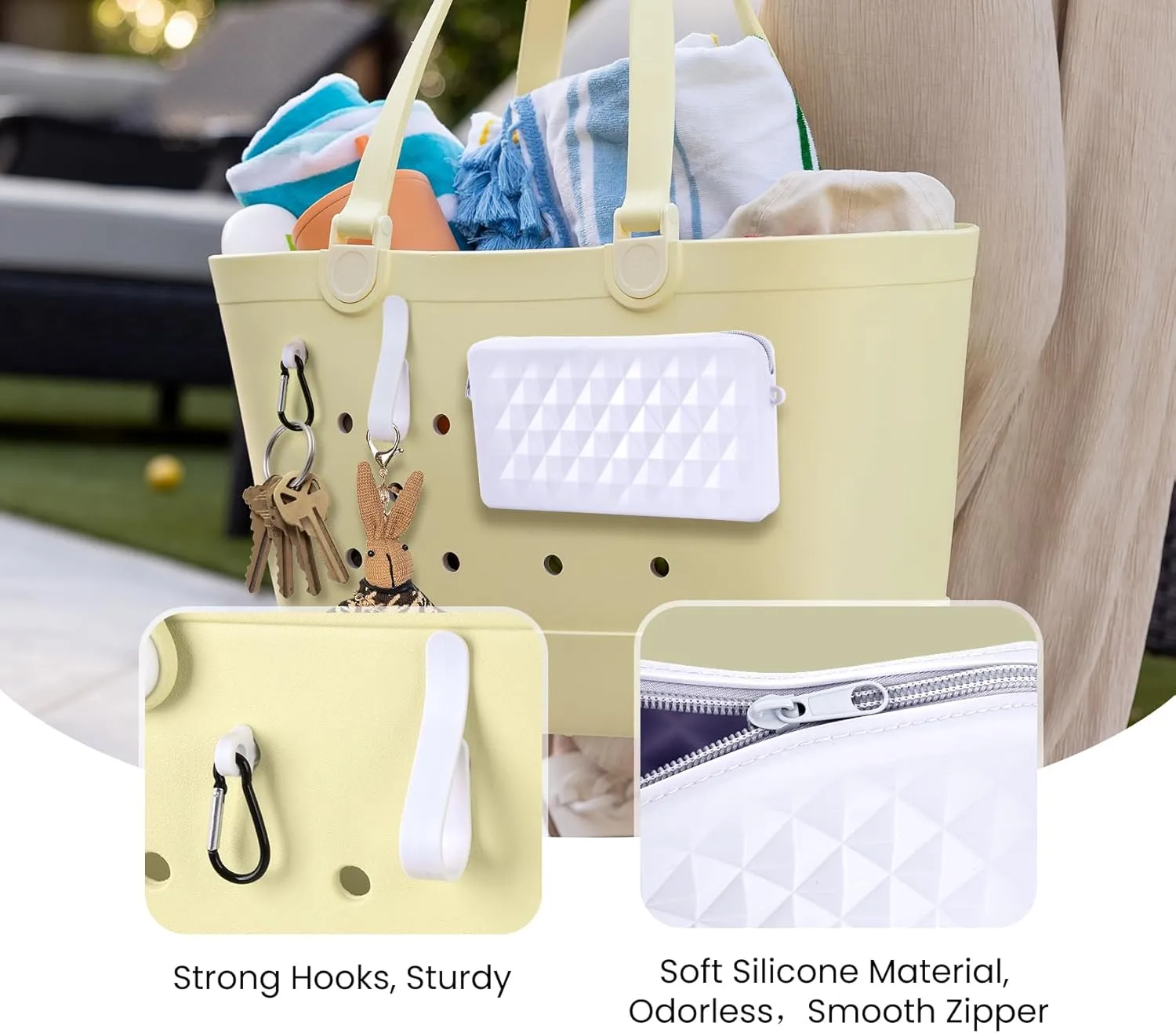 Silicone Pouch for Bogg Bag Accessories, Universal Phone Holder for Bogg Bag, Zipper Pouch Fits Simple Modern Beach Tote L/XL, Zipper Wallet Pocket with 4 Key Hooks White