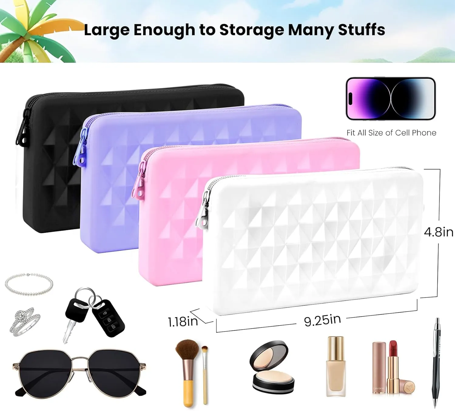 Silicone Pouch for Bogg Bag Accessories, Universal Phone Holder for Bogg Bag, Zipper Pouch Fits Simple Modern Beach Tote L/XL, Zipper Wallet Pocket with 4 Key Hooks White