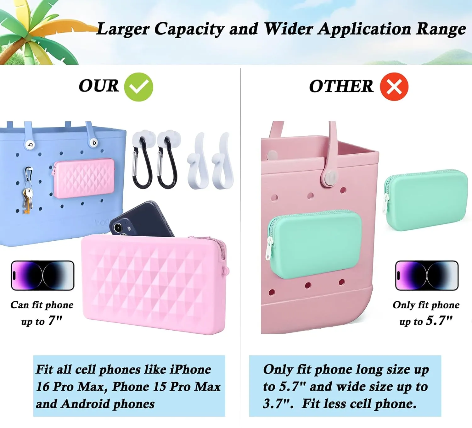 Silicone Pouch for Bogg Bag Accessories, Universal Phone Holder for Bogg Bag, Zipper Pouch Fits Simple Modern Beach Tote L/XL, Zipper Wallet Pocket with 4 Key Hooks White