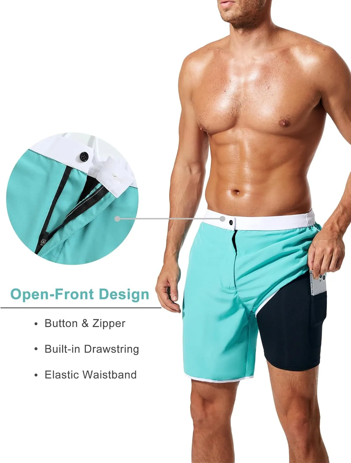SILKWORLD Mens Swim Trunks Front Zipper Fly Quick Dry Beach Shorts with Compression Liner and Back Zipper Pockets