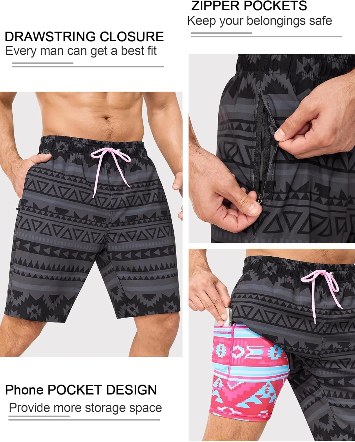 SILKWORLD Mens Swimming Trunks with Compression Liner 2 in 1 Quick-Dry 9" Swim Shorts with Zipper Pockets