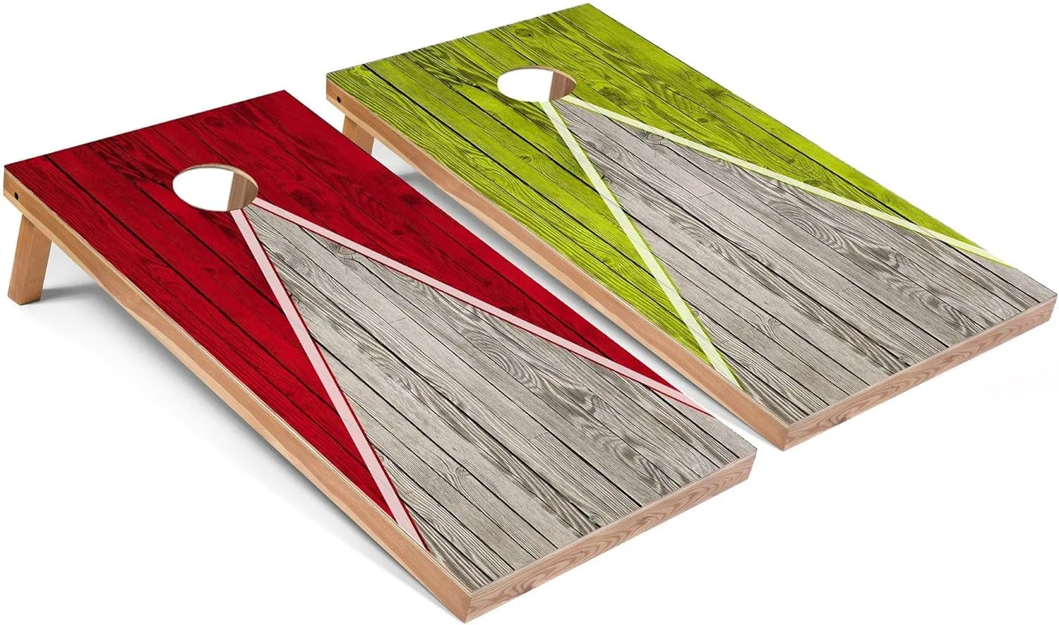 Skip's Garage Solid Wood Cornhole Board Set | Red and Lime Pyramid Design | Regulation Size Portable Outdoor Corn Hole Boards with Bags
