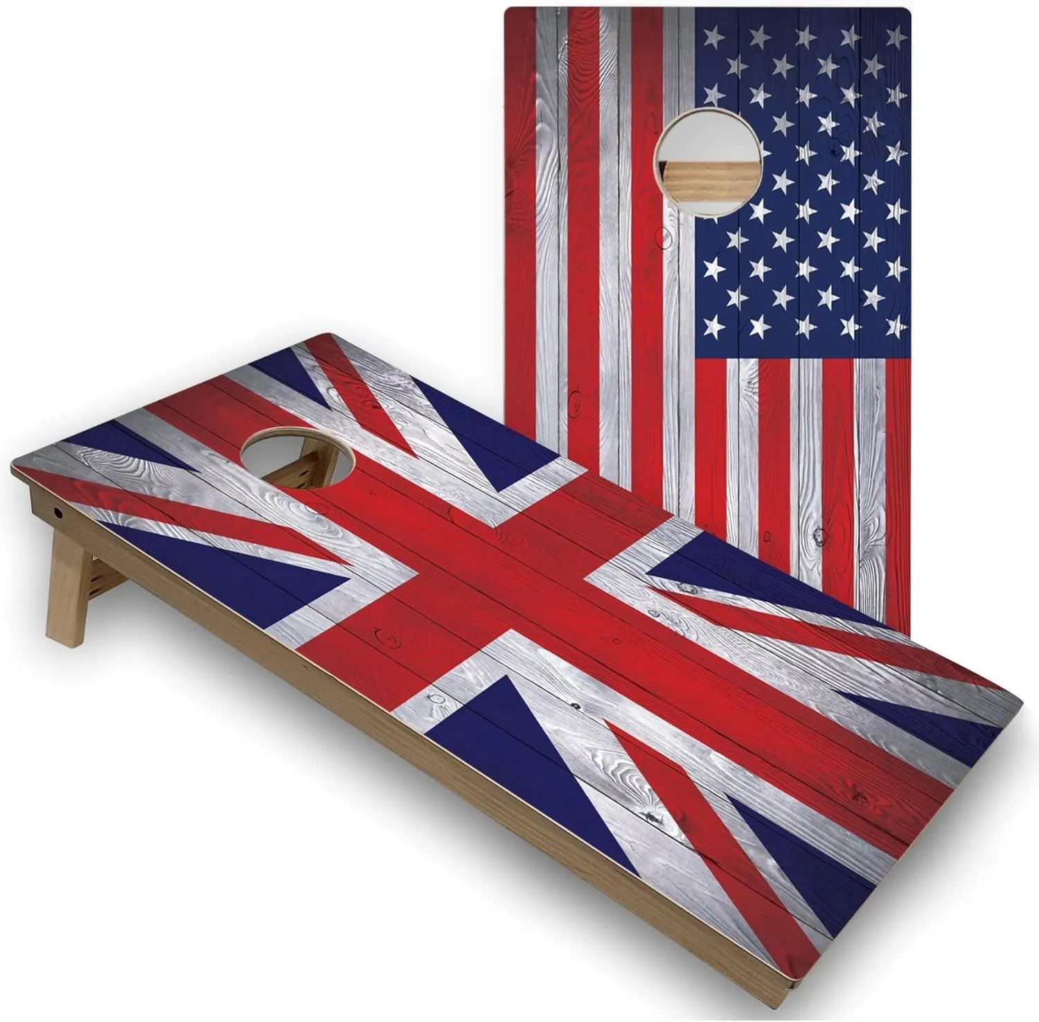 Skip's Garage Solid Wood Cornhole Board Set | UK & American Flag Design | Regulation Size Portable Outdoor Corn Hole Boards with Bags