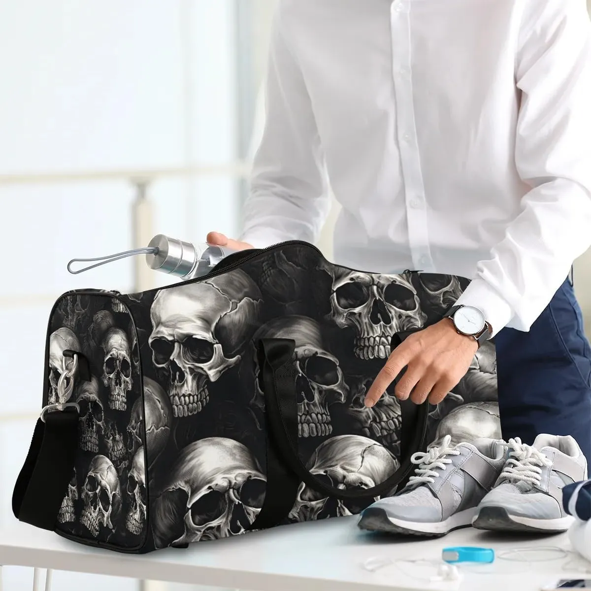 Skull Skeleton Travel Duffel Bag for Women Men Waterproof Foldable Overnight Weekender Bag Large Capacity Sports Gym Bag
