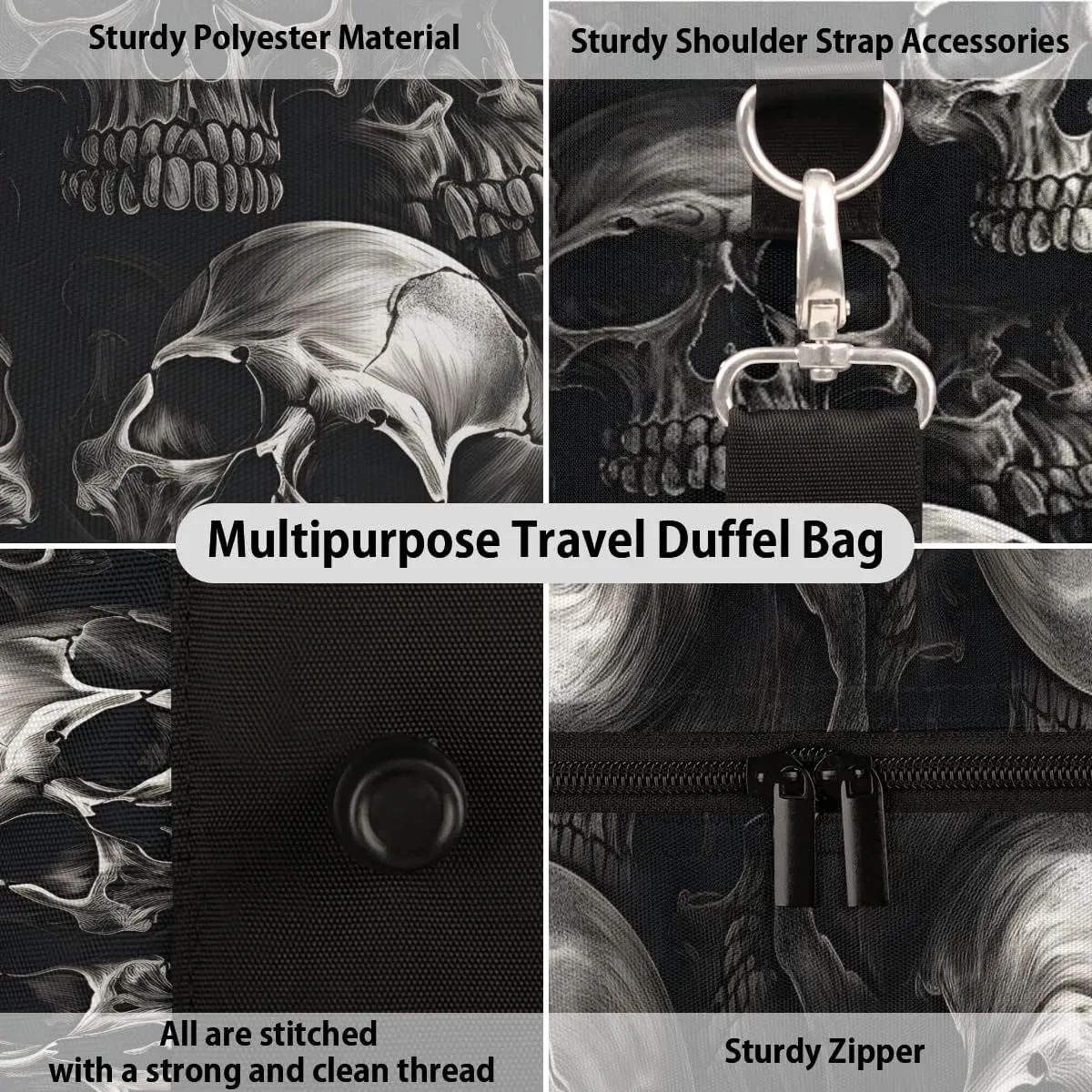 Skull Skeleton Travel Duffel Bag for Women Men Waterproof Foldable Overnight Weekender Bag Large Capacity Sports Gym Bag