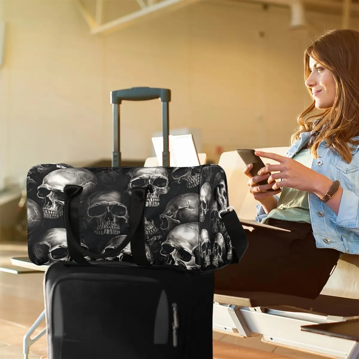 Skull Skeleton Travel Duffel Bag for Women Men Waterproof Foldable Overnight Weekender Bag Large Capacity Sports Gym Bag