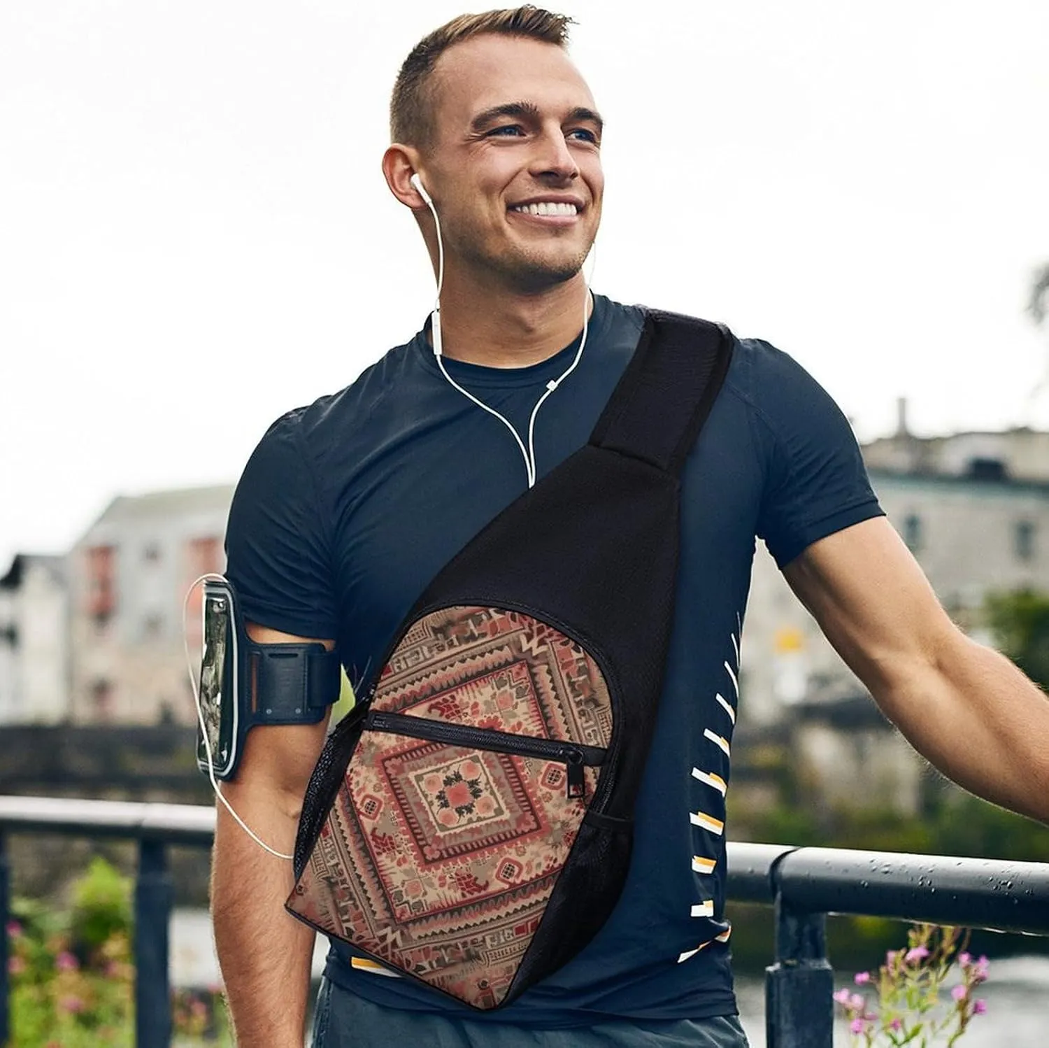 Sling Backpack for Women Men Crossbody Chest Bag Travel Red And Beige Daypack Shoulder Bag for Hiking