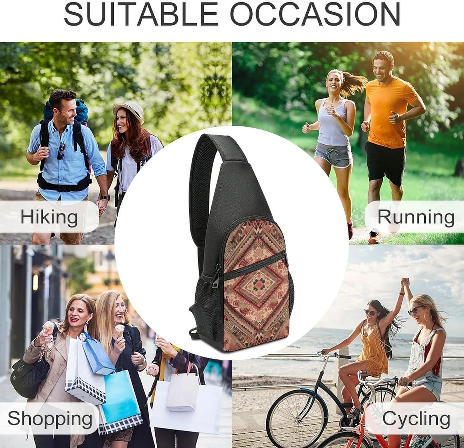 Sling Backpack for Women Men Crossbody Chest Bag Travel Red And Beige Daypack Shoulder Bag for Hiking
