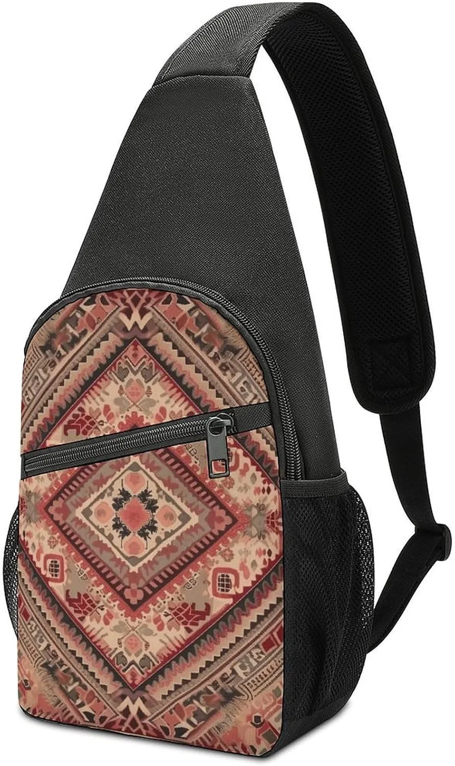 Sling Backpack for Women Men Crossbody Chest Bag Travel Red And Beige Daypack Shoulder Bag for Hiking