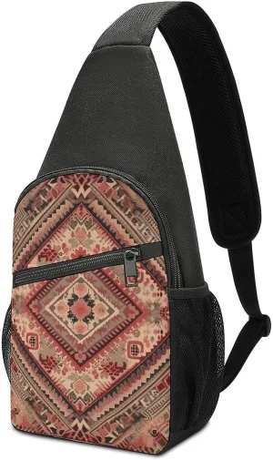 Sling Backpack for Women Men Crossbody Chest Bag Travel Red And Beige Daypack Shoulder Bag for Hiking