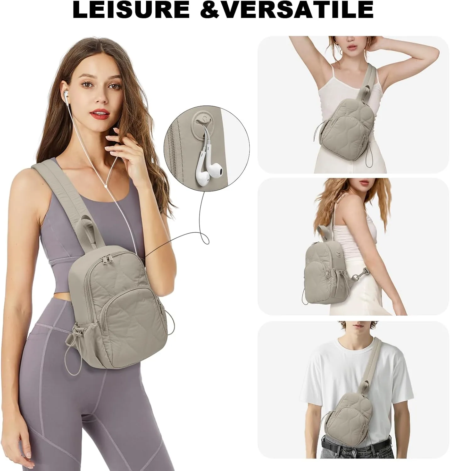 Sling Bag for Women Crossbody Backpack Adjustable Strap Sling Backpack for Daypack Casual Traveling Hiking Sports(Khaki-Small)