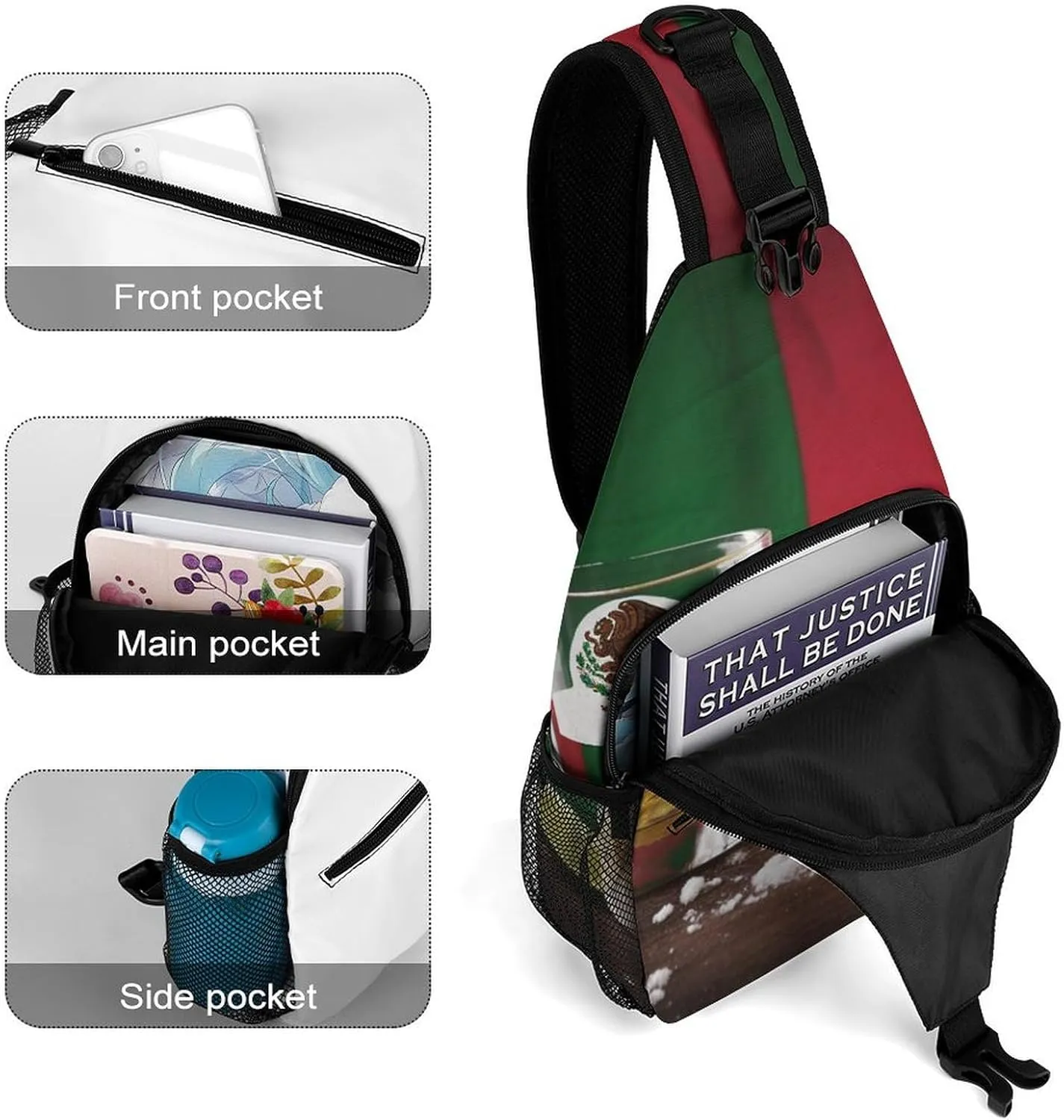 Sling Bag for Women Men Daypack Mexico Flag And Tequila Chest Bag Crossbody Backpack for Hiking Travel, 38x20cm
