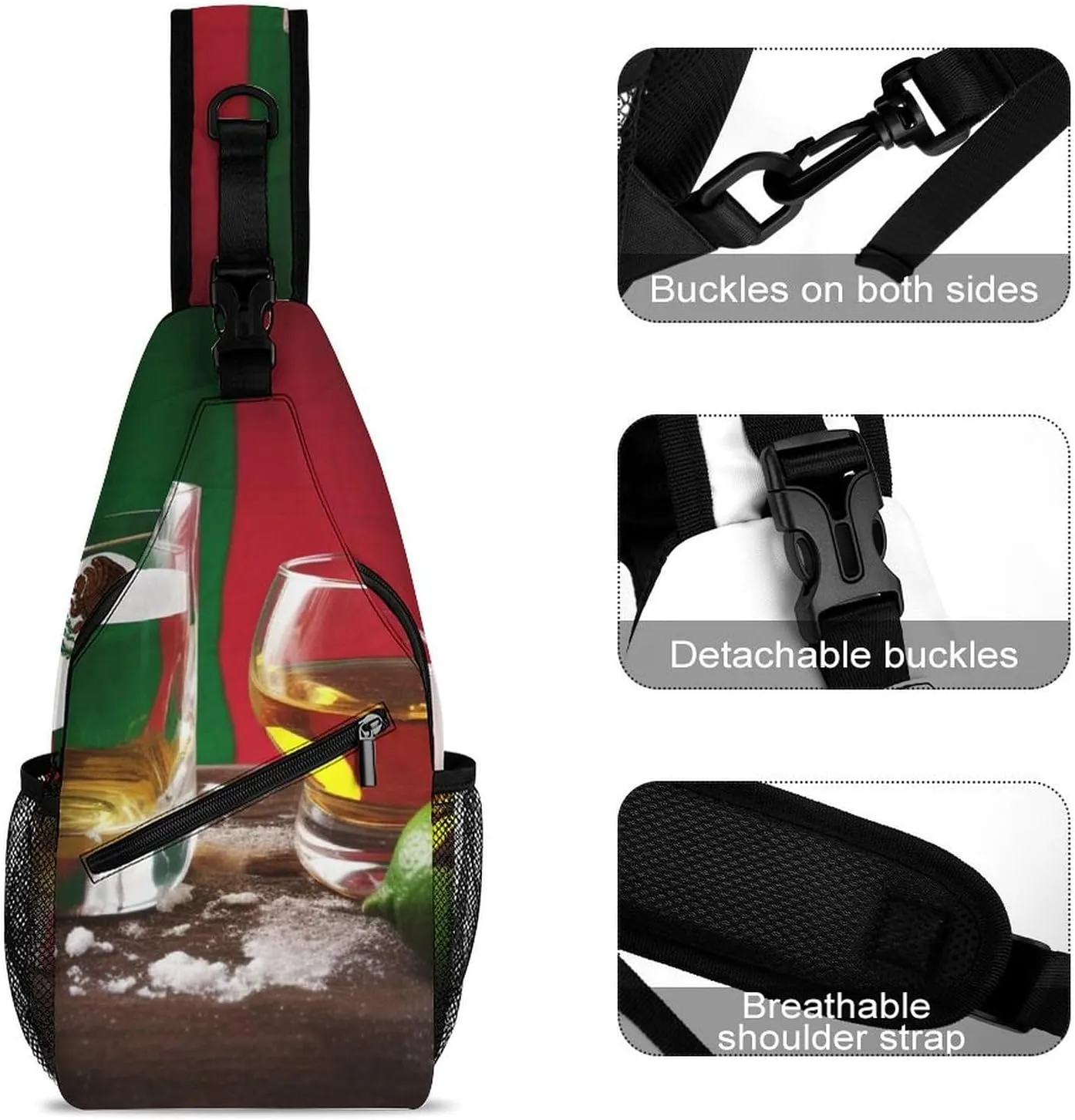 Sling Bag for Women Men Daypack Mexico Flag And Tequila Chest Bag Crossbody Backpack for Hiking Travel, 38x20cm