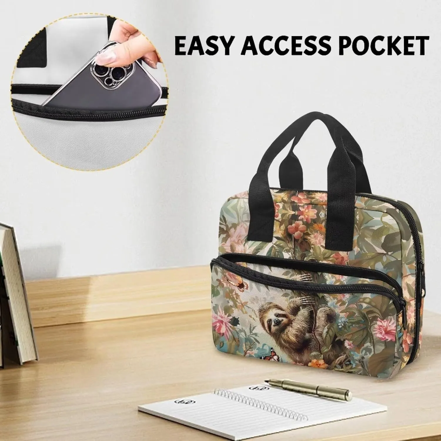 Sloth Butterfly Flower Print Bible Cover for Women Men Bible Cover Case Large Bible Protective with Handle Multifunctional Bible Bag with Pen Holder and Bookmark Belt Portable Handbag