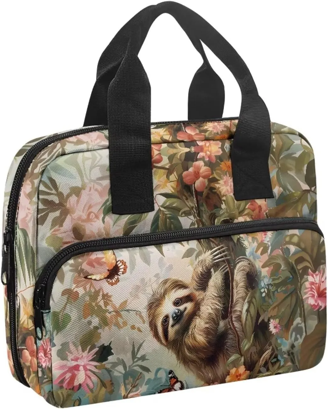 Sloth Butterfly Flower Print Bible Cover for Women Men Bible Cover Case Large Bible Protective with Handle Multifunctional Bible Bag with Pen Holder and Bookmark Belt Portable Handbag