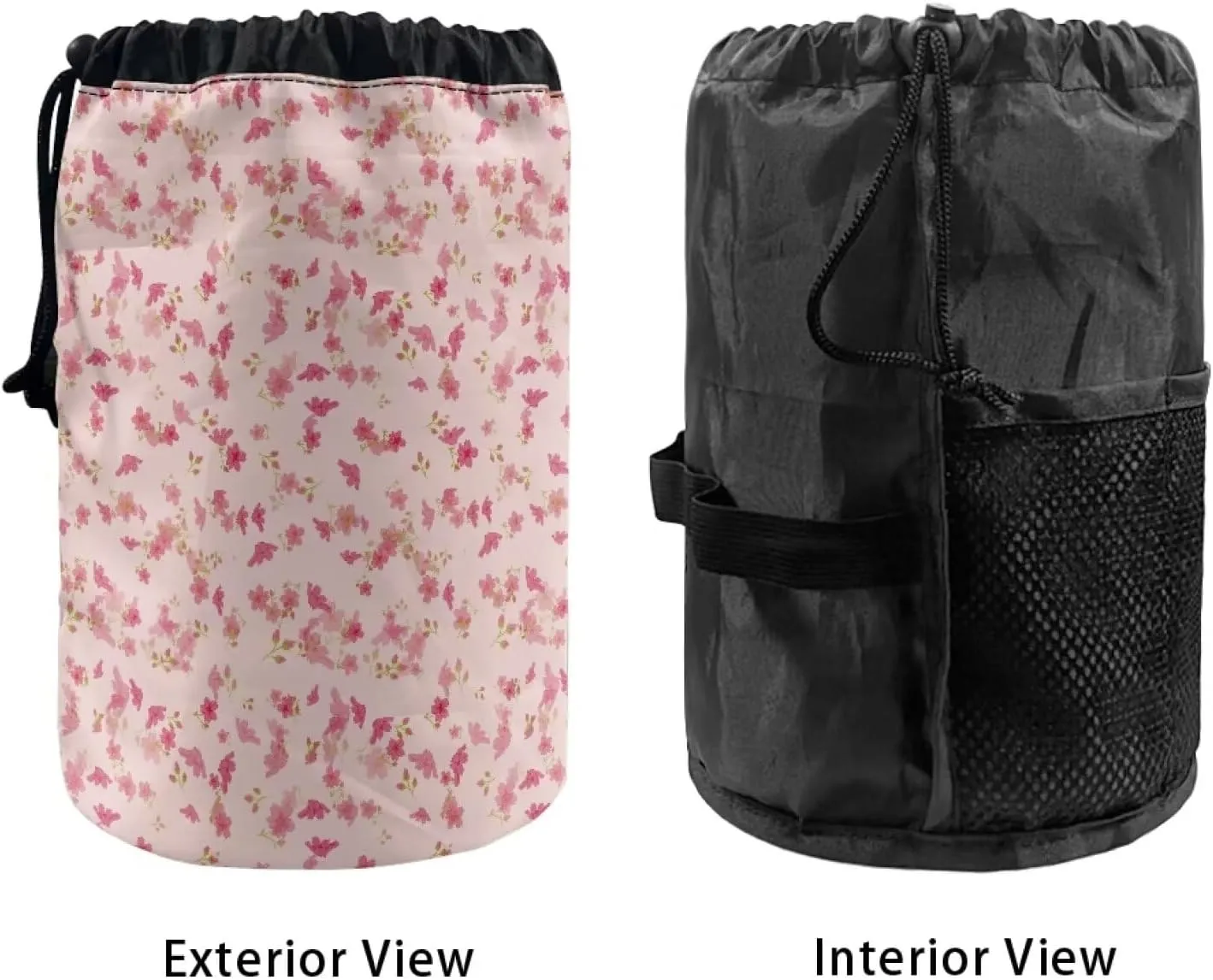 Small pink flower drawstring makeup bag collapsible makeup bag travel essentials for women round travel cosmetic bag makeup bag opens flat portable makeup bag cosmetic bag