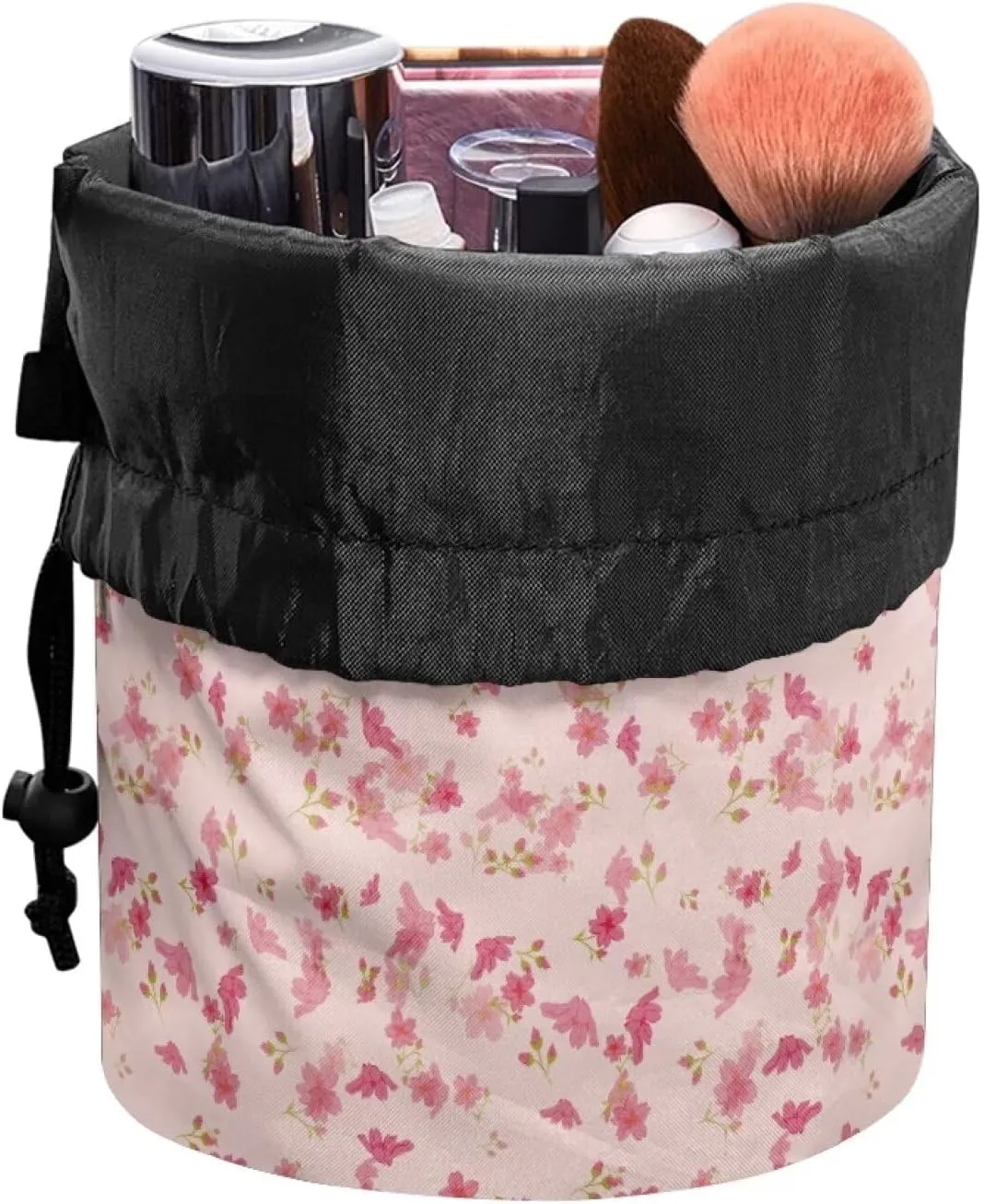 Small pink flower drawstring makeup bag collapsible makeup bag travel essentials for women round travel cosmetic bag makeup bag opens flat portable makeup bag cosmetic bag
