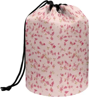 Small pink flower drawstring makeup bag collapsible makeup bag travel essentials for women round travel cosmetic bag makeup bag opens flat portable makeup bag cosmetic bag
