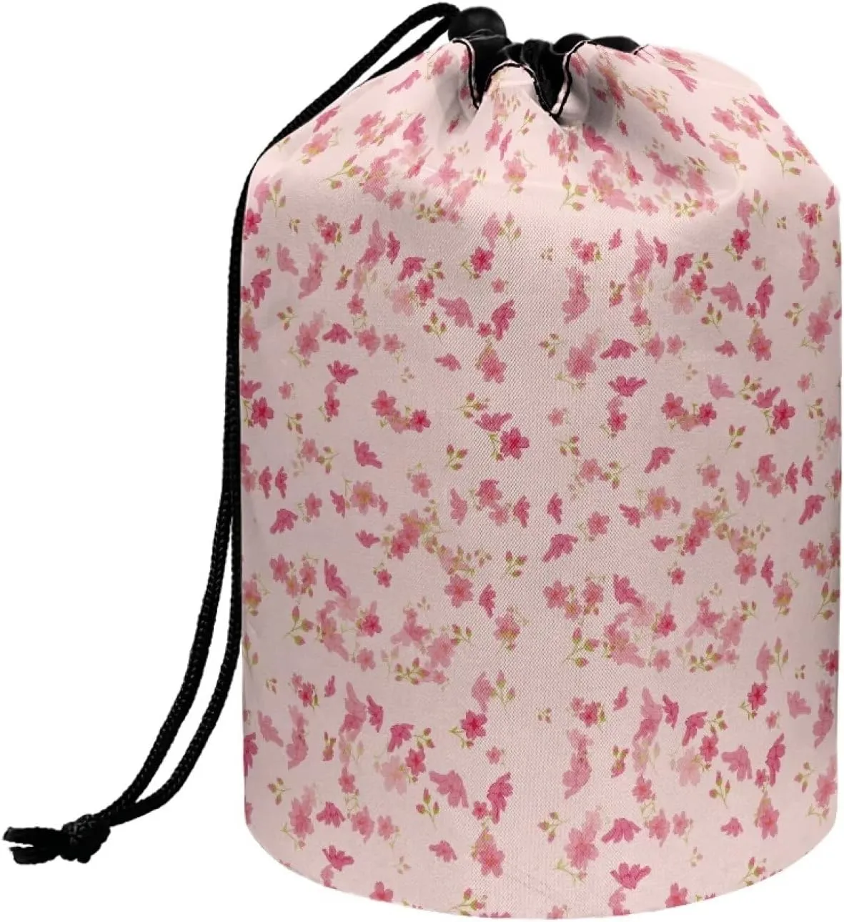 Small pink flower drawstring makeup bag collapsible makeup bag travel essentials for women round travel cosmetic bag makeup bag opens flat portable makeup bag cosmetic bag