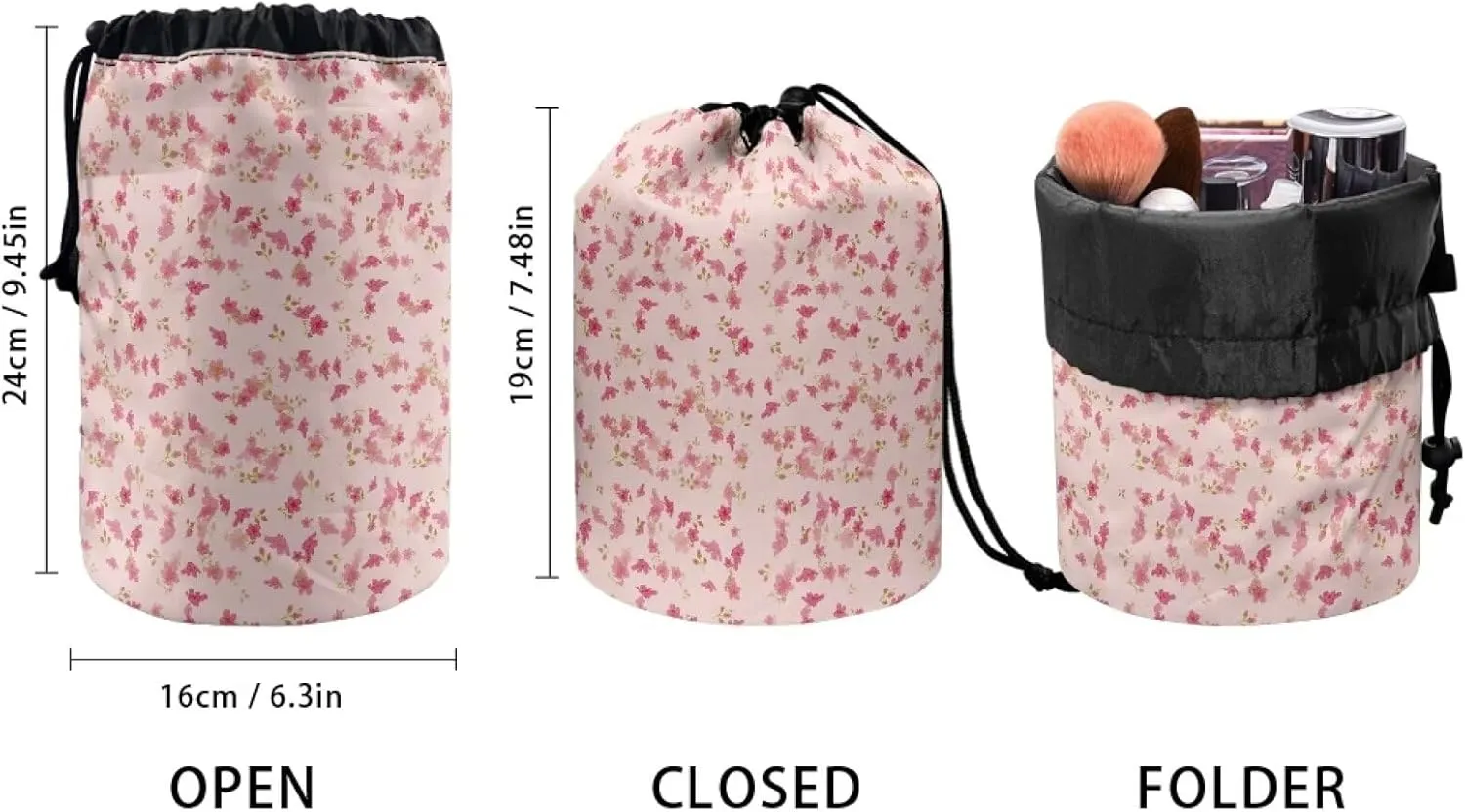Small pink flower drawstring makeup bag collapsible makeup bag travel essentials for women round travel cosmetic bag makeup bag opens flat portable makeup bag cosmetic bag