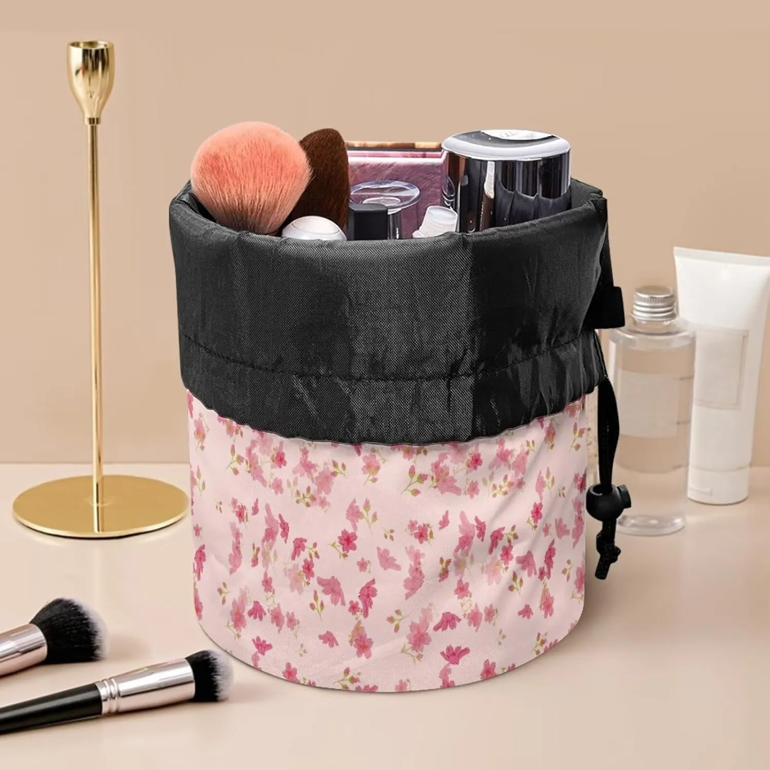 Small pink flower drawstring makeup bag collapsible makeup bag travel essentials for women round travel cosmetic bag makeup bag opens flat portable makeup bag cosmetic bag