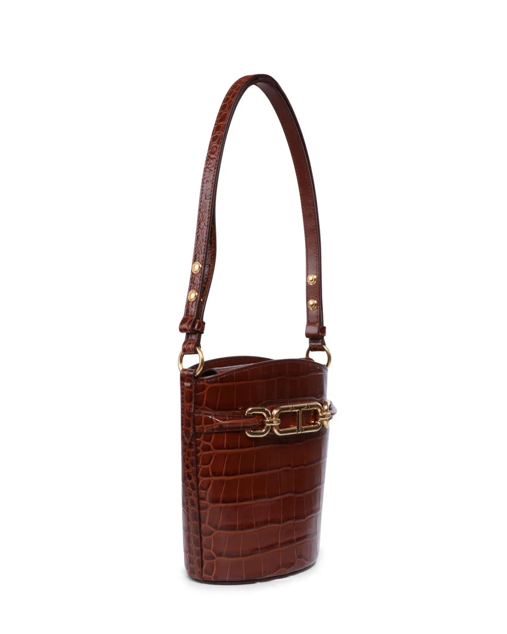 Small Shiny Stamped Crocodile Bucket Bag in Brown