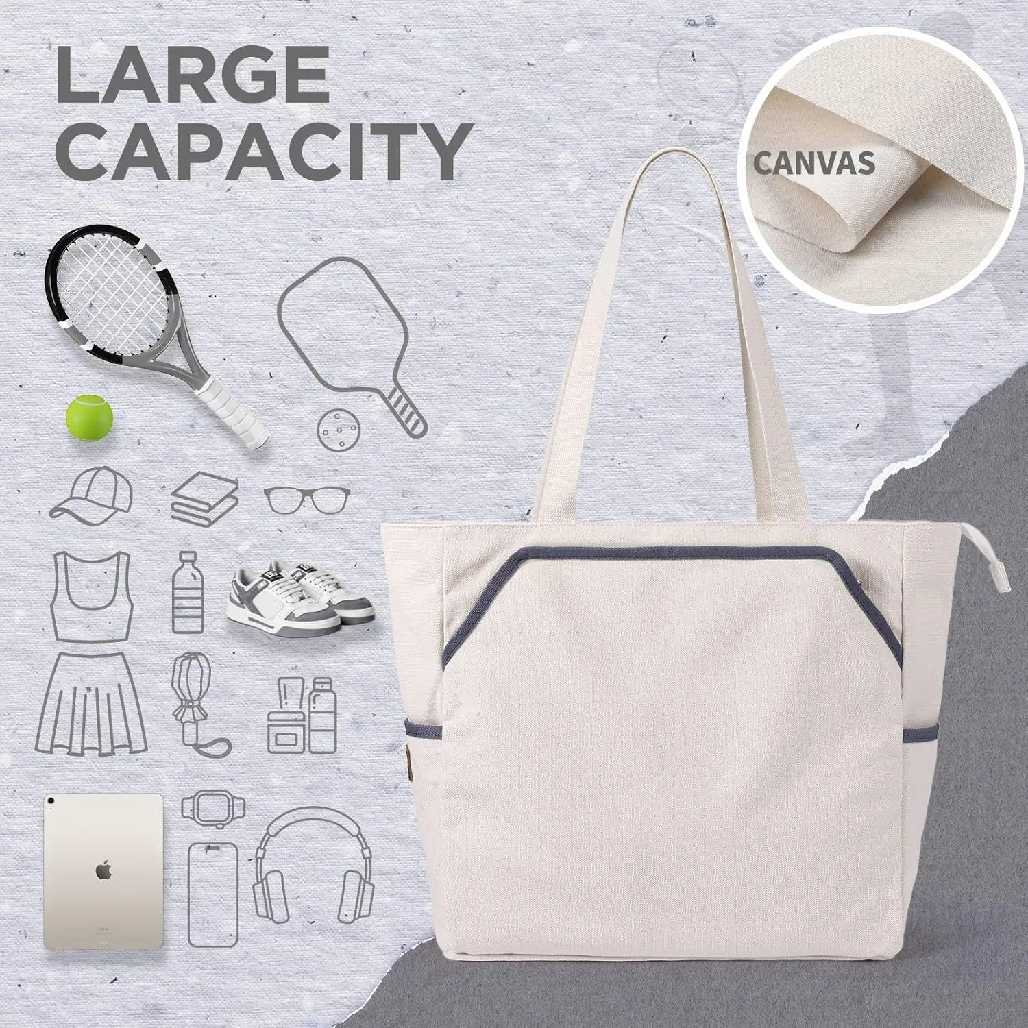 SMRITI Tennis Tote Bag Canvas, Large Sports Handbag Tennis Racket Bag for Women, Portable Tennis Racquet Shoulder Bag for Badminton, Pickleball, Padel