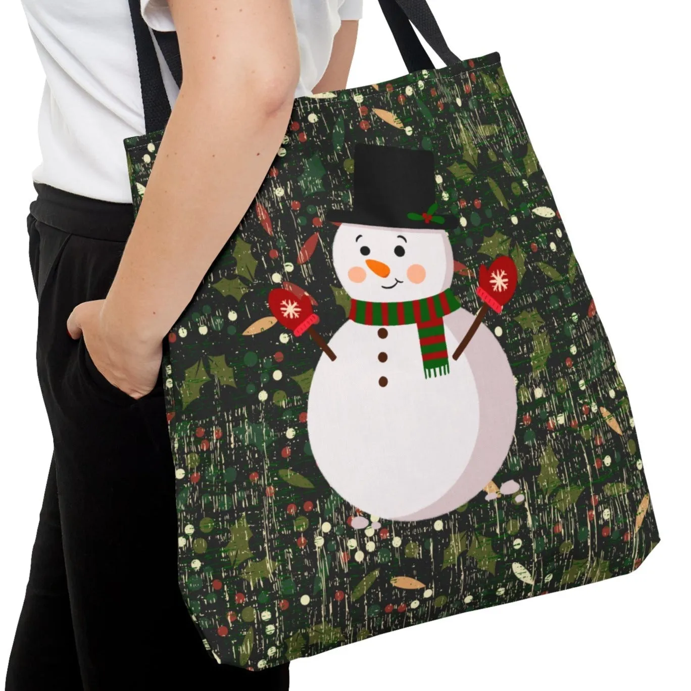Snowman in Christmas Floral Large Tote Bag: Festive Holiday Carryall