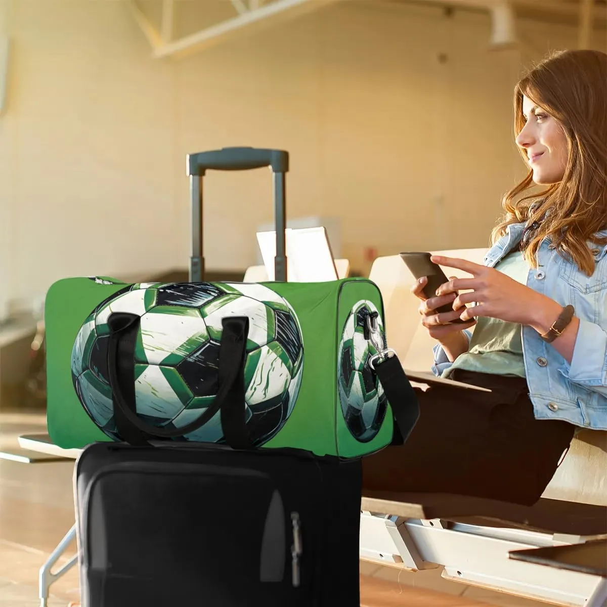 Soccer Ball Pattern Travel Duffel Bag for Women Men Waterproof Foldable Overnight Weekender Bag Large Capacity Sports Gym Bag