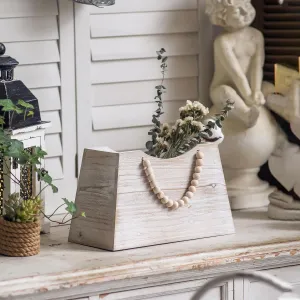 SOFE Unique Rustic White Wood Flower Planter, Handbag Planter Box with Beaded Rope, Decorative Indoor Flower Pot for Fake Flowers, Farmhouse Wood Vases for Living Room Table Decor