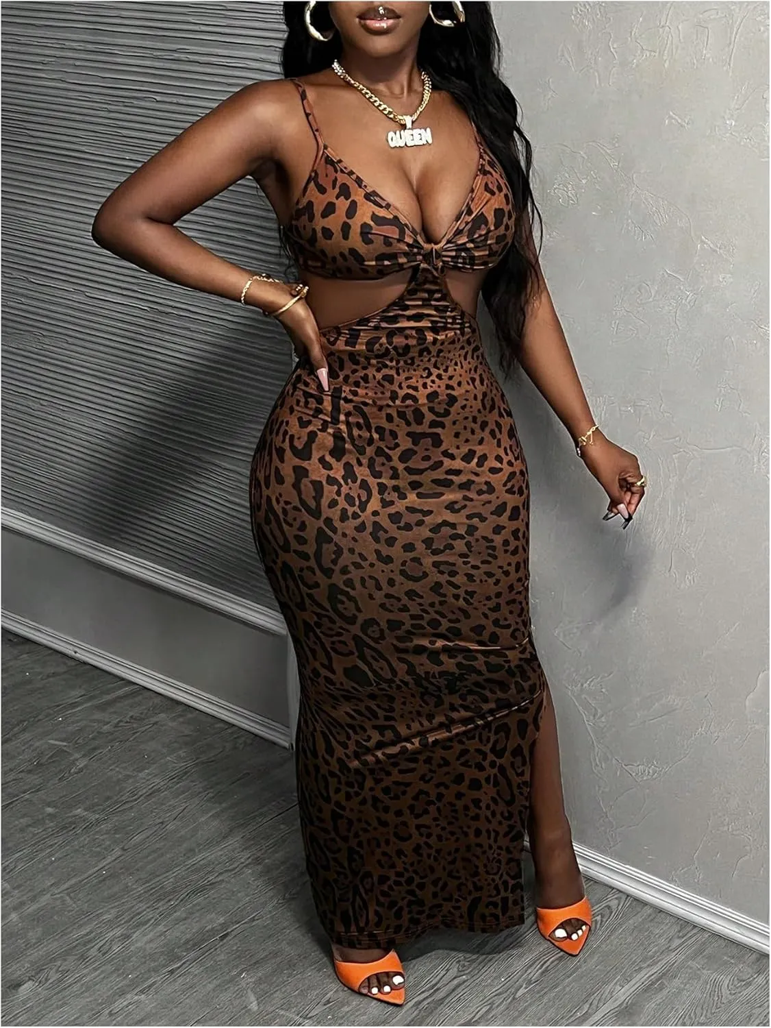SOLY HUX Women's Leopard Print Bodycon Maxi Dress V Neck Cut Out Split Hem Party Long Cami Dresses