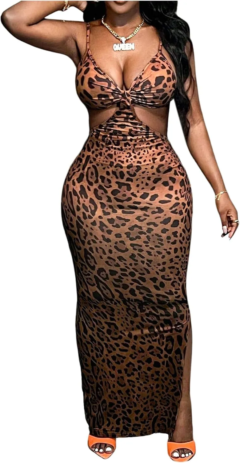 SOLY HUX Women's Leopard Print Bodycon Maxi Dress V Neck Cut Out Split Hem Party Long Cami Dresses