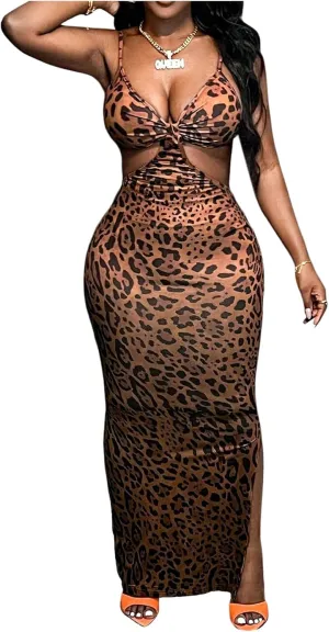 SOLY HUX Women's Leopard Print Bodycon Maxi Dress V Neck Cut Out Split Hem Party Long Cami Dresses