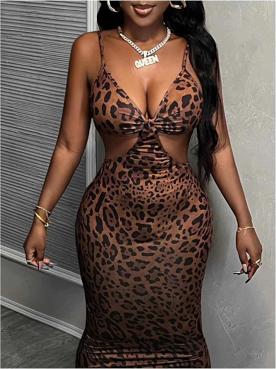 SOLY HUX Women's Leopard Print Bodycon Maxi Dress V Neck Cut Out Split Hem Party Long Cami Dresses