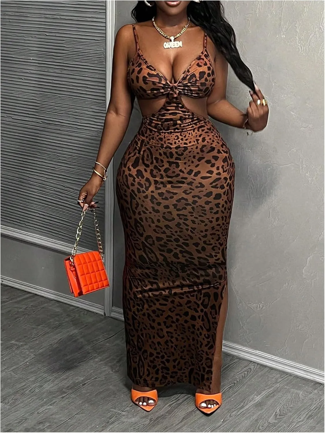 SOLY HUX Women's Leopard Print Bodycon Maxi Dress V Neck Cut Out Split Hem Party Long Cami Dresses
