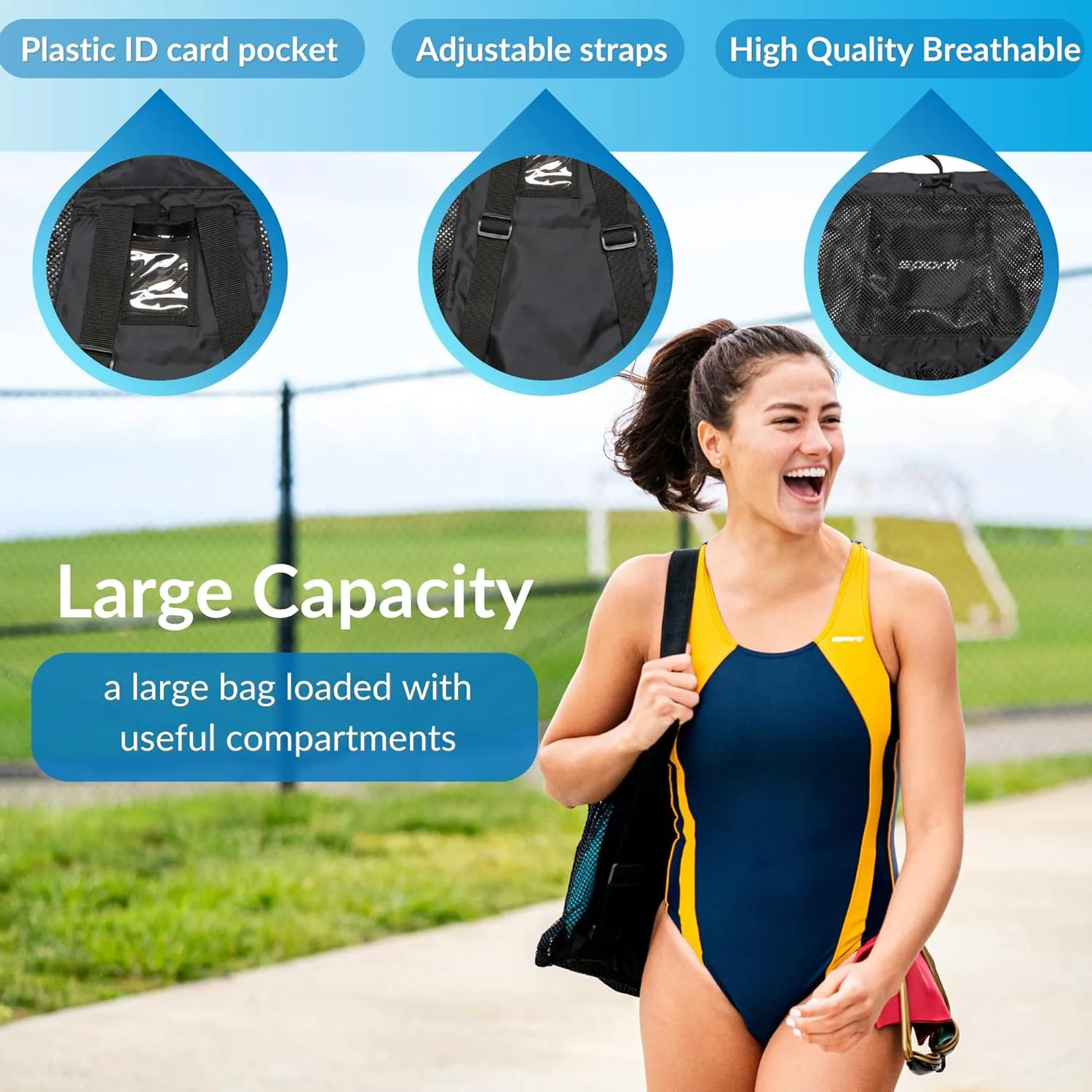 Sporti Swimming Equipment Bag Zipper Pocket, Mesh Drawstring Backpack, Drawstring Bags, Big Mesh Backpack for Workout Gear