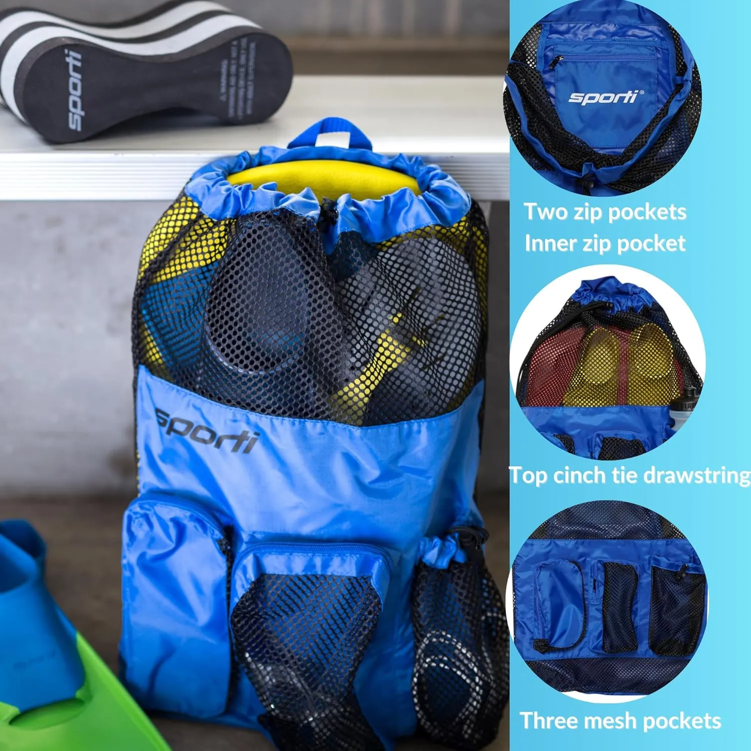 Sporti Swimming Equipment Bag Zipper Pocket, Mesh Drawstring Backpack, Drawstring Bags, Big Mesh Backpack for Workout Gear